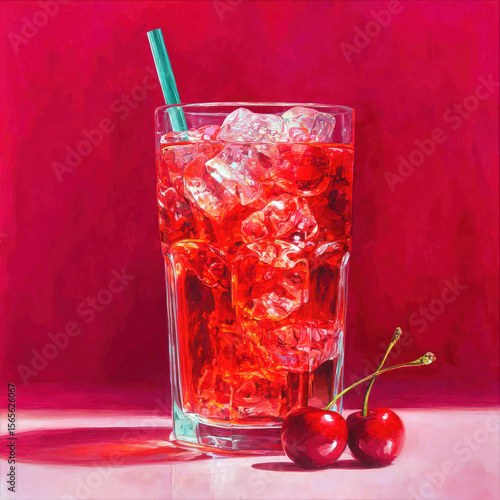 Refreshing Cherry Soda with Ice, Straw, and Cherries on Red Background