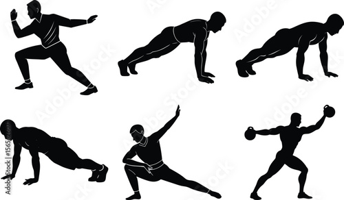 Vector art of silhouettes of men performing various exercises, isolated on transparent background