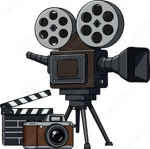Vintage movie camera with clapperboard and classic photo camera vector illustration 
