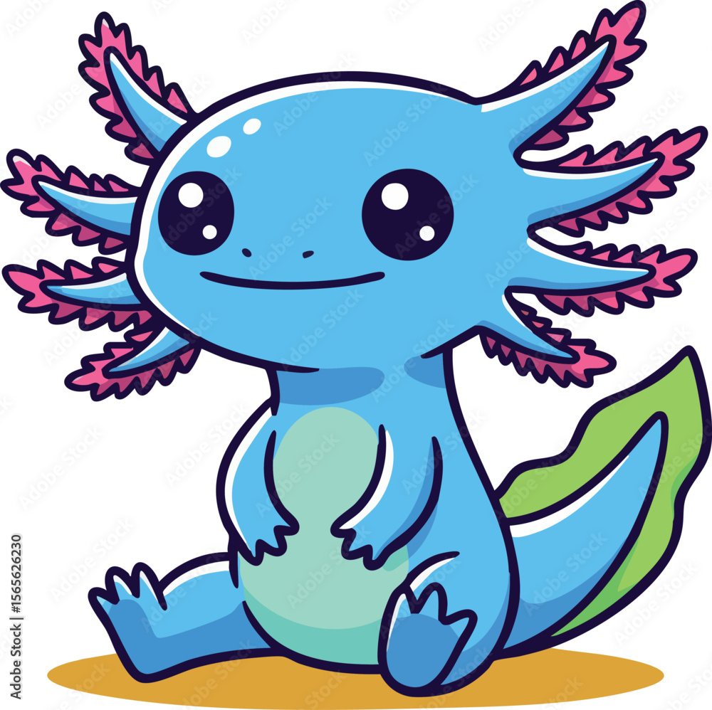 Fototapeta premium Cute blue axolotl cartoon character sitting with big eyes and green tail vector illustration 