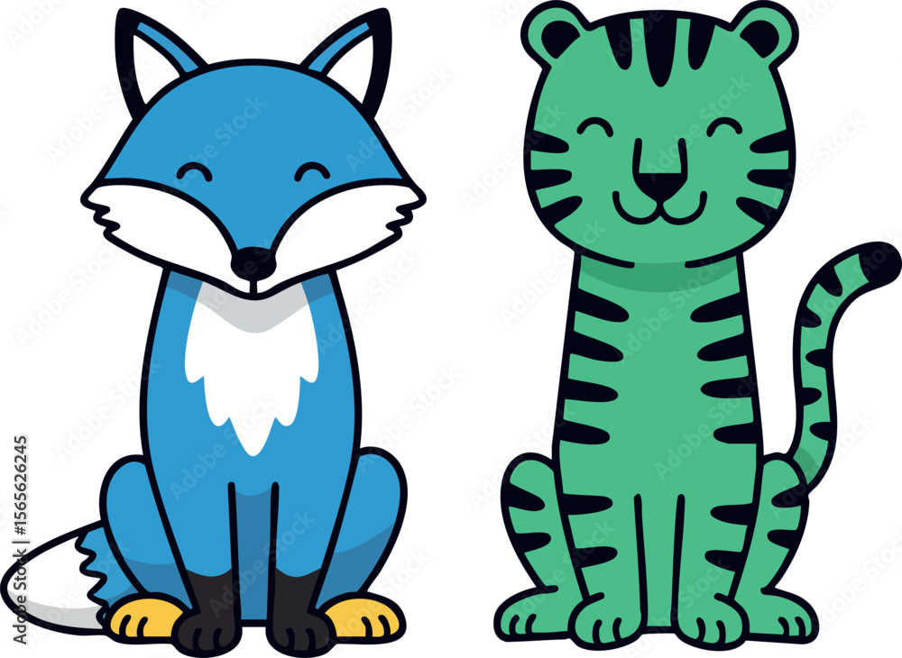 Obraz premium Blue fox and green tiger sitting cartoon animals vector illustration cute friendly characters 