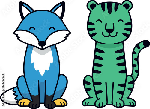 Blue fox and green tiger sitting cartoon animals vector illustration cute friendly characters 