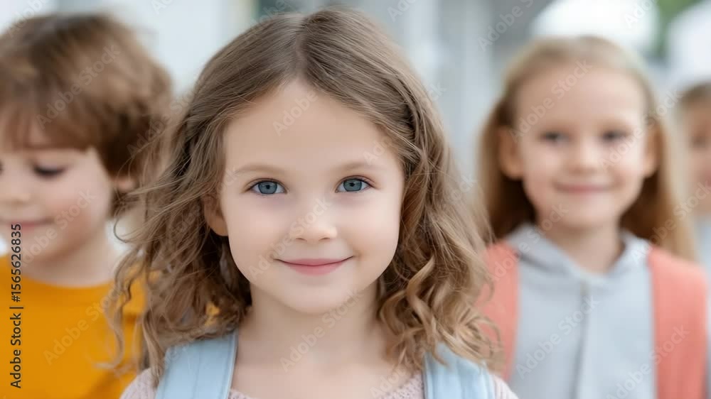 Focused child faces viewer amid a group of smiling peers. Concept of leadership potential and youthful aspiration. Focused child faces viewer amid a group of smiling peers. Concept of leadership potential and youthful aspiration.