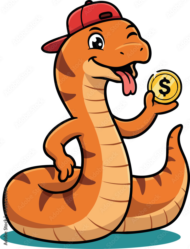 Fototapeta premium Cartoon snake character wearing red cap holding golden coin vector illustration 