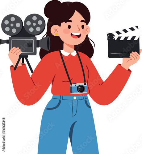 Young woman holding vintage movie camera and film clapperboard with camera around neck vector illustration 