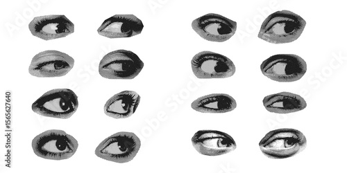 Foto Black and white side eyes halftone dotted art style, perfect for bold, expressive, and surreal designs focused on vision and emotion