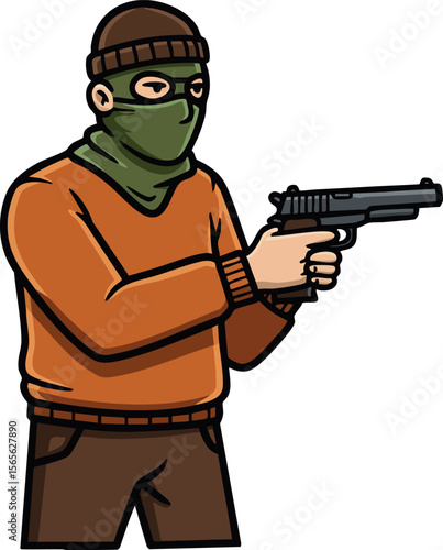 Masked man holding handgun in orange sweater and green scarf vector illustration 