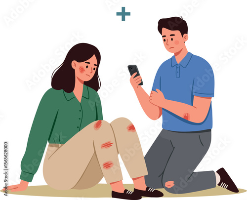 Injured woman receiving help from man using smartphone vector illustration emergency care support 