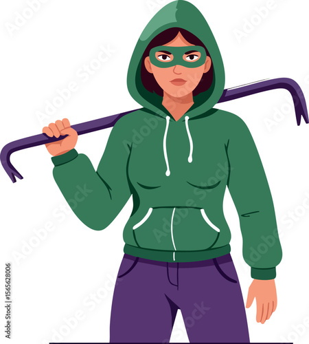 Woman wearing green hoodie with purple pants holding crowbar vector illustration 