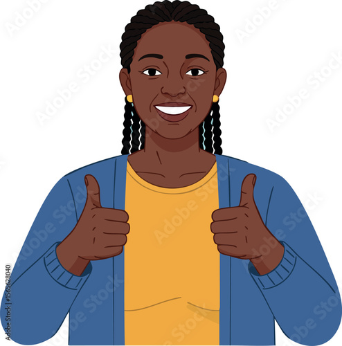 Smiling woman giving thumbs up positive gesture in blue cardigan and yellow shirt vector illustration 