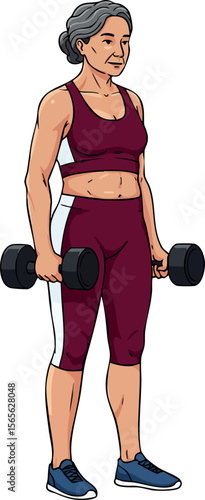 Mature woman exercising with dumbbells in burgundy sportswear standing posture vector illustration 