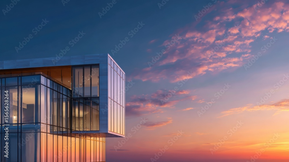 Fototapeta premium Modern building exterior with large glass windows at sunset