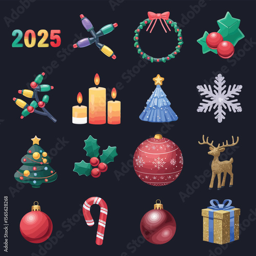 vector Happy New Year Celebrating 2025 in Latin letters , Christmas Decoration Items Santa Claus
