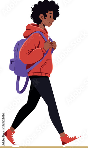 Young woman walking with purple backpack and red hoodie casual streetwear vector illustration 