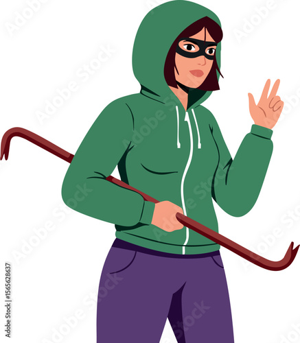 Woman in green hoodie with crowbar and mask holding finger up vector illustration 