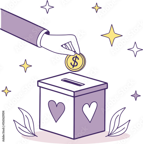 Donation box with a hand and some decoration shapes vector illustration