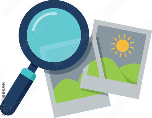 Magnifying glass inspecting photos with sunny landscape illustrations vector image 