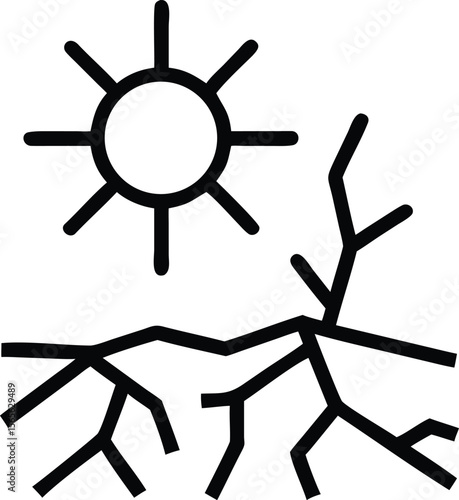 Drought icon with cracked earth and sun, line drawing, global warming issues