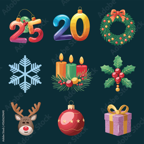 vector Happy New Year Celebrating 2025 in Latin letters , Christmas Decoration Items Santa Claus
