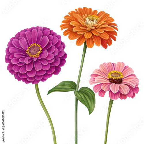 Three vibrant zinnias in shades of pink purple and orange on a black background