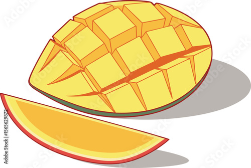 Vector artwork of sweet mango pieces with bright yellow color isolated on white

