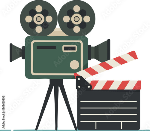 Vintage film camera with clapperboard vector illustration for movie production and cinema design 
