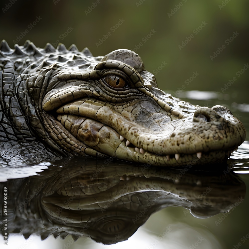 Fototapeta premium A crocodile partially submerged in still water, eyes locked on the viewer. A close-up of stealth, tension, and primal focus in the wild, captured in haunting photo-realistic detail.