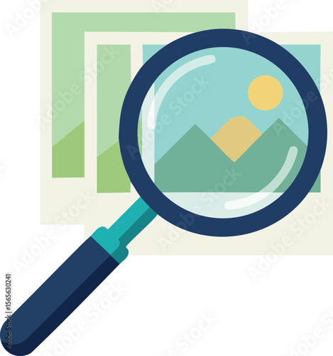 Magnifying glass over photos searching image details and inspection concept vector illustration 