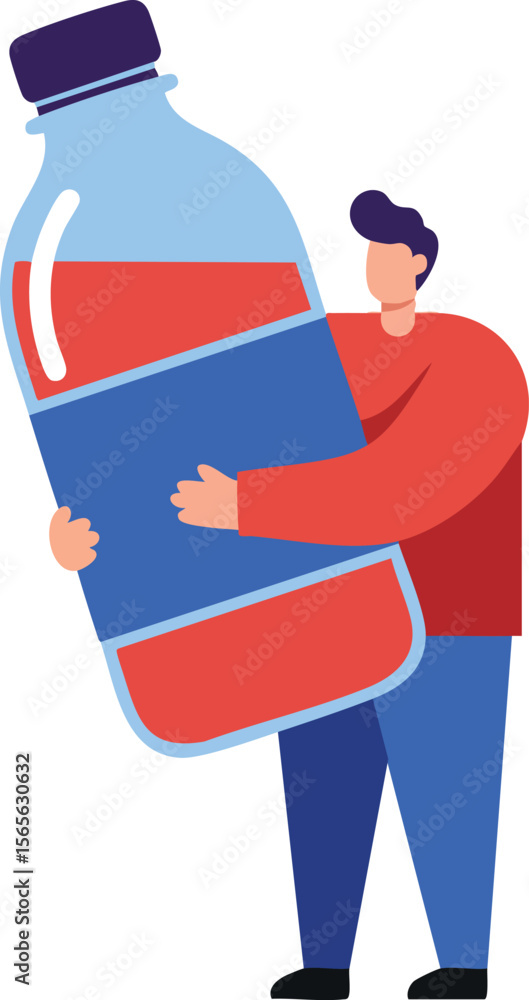 Fototapeta premium Person holding large plastic bottle with red liquid and blue label illustration vector