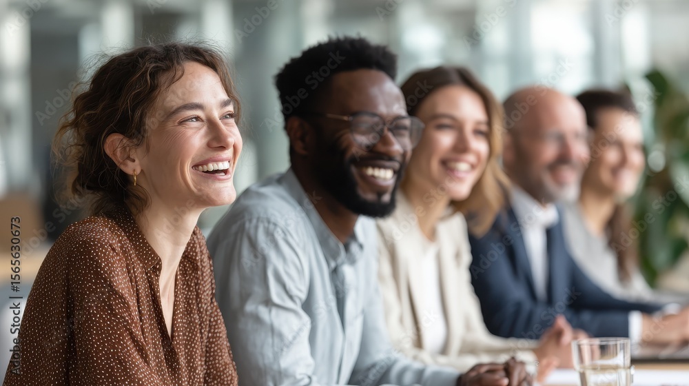 Diverse group of young businesspeople laughing while sitting together in a row at an office desk during a meeting, no logos, no brands Diverse group of young businesspeople laughing while sitting together in a row at an office desk during a meeting, no logos, no brands