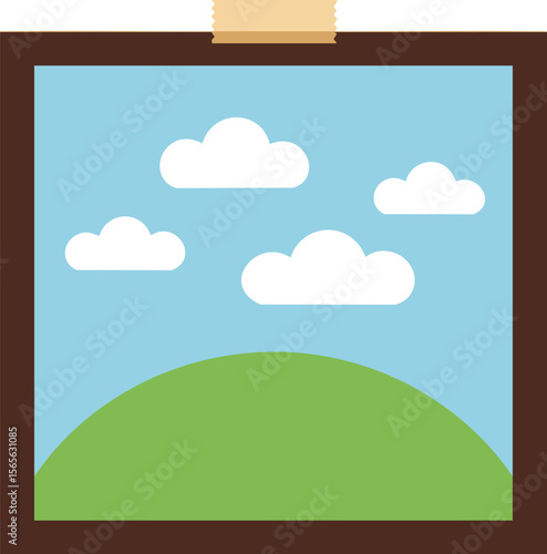 Landscape framed picture with green hill and white clouds vector illustration 