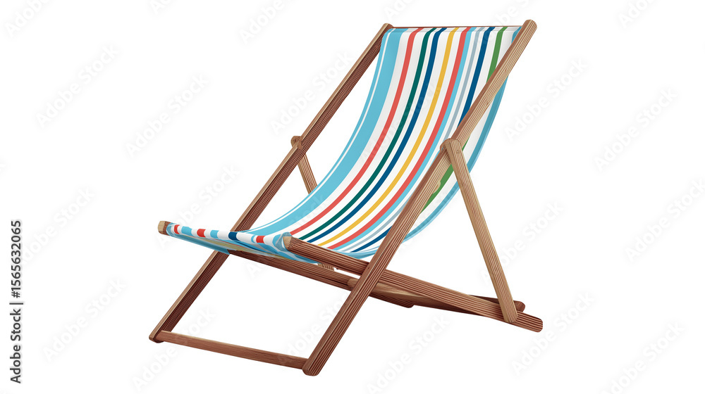 Foldable beach chair with striped fabric, simple design, white background, PNG Foldable beach chair with striped fabric, simple design, white background, PNG