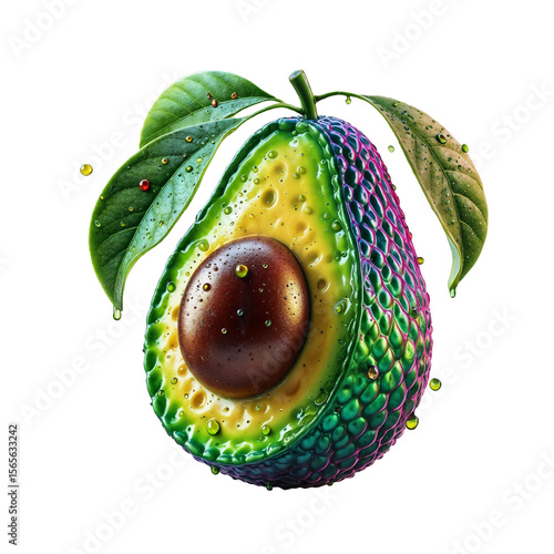 vibrant digital rendering of a colorful avocado on a transparent background.