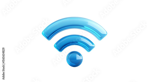 Wi-Fi signal icon in 3D glass style, glowing blue, on white background, PNG