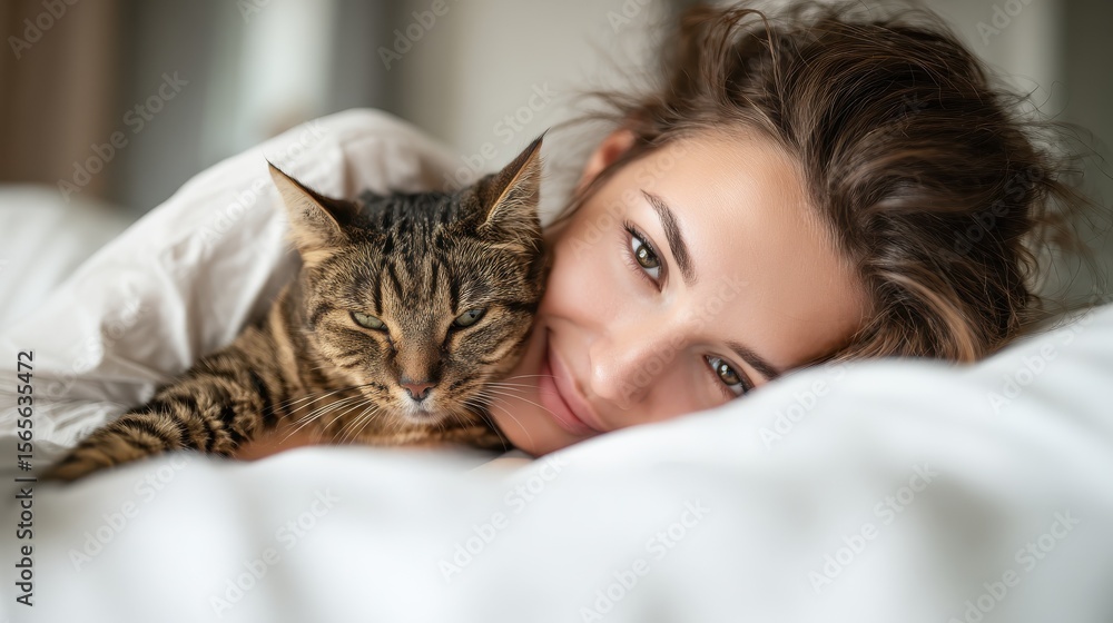pets, comfort, rest and people concept - happy young woman with cat lying in bed at home, no logos, no brands pets, comfort, rest and people concept - happy young woman with cat lying in bed at home, no logos, no brands
