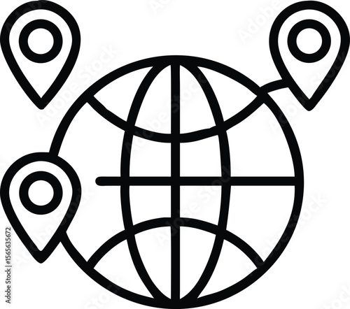 Globe with location pin icons indicating destinations connected by lines in a line art style