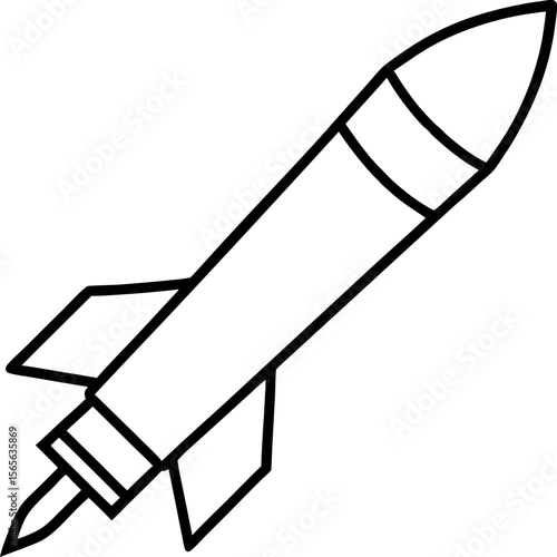 Black and White Missile Outline with Four Fins and Nose Cone for Military Vector Illustration