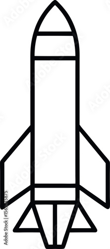 Black Missile Outline with Four Fins and Pointed Nose Cone for Military Vector Icon