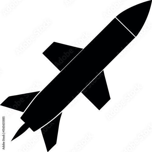 Black Missile Silhouette with Pointed Nose and Stabilizing Fins for Military Icon Design