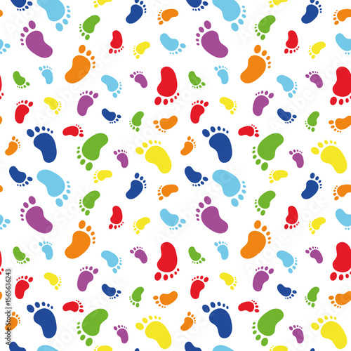 Colorful baby footprints seamless pattern. Fun foot marks background for kids, kindergarten, textile, wrapping paper, playroom, children's room or educational design.