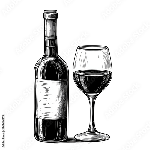 Vintage Wine Bottle and Glass Engraving Vector Illustration