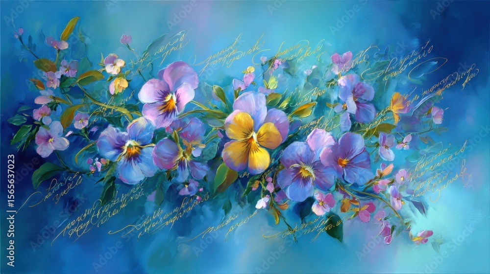 Obraz premium Calligraphy of irish blessings displayed beautifully in a vibrant painting featuring delicate flowers against a serene blue background capturing the essence of nature and artistry combined