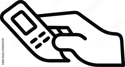 Hand holding payment terminal line icon for contactless transaction and money transfer