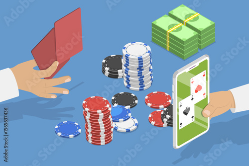 3D Isometric Flat Vector Illustration of Gambling, Online Poker, Featuring Hand Holding Two Aces Surrounded By Chips