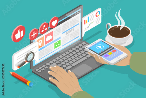 3D Isometric Flat Vector Illustration of Technology And Communication, Man Engaging With Augmented Reality Content And News On Smartphone While Reading Magazine.