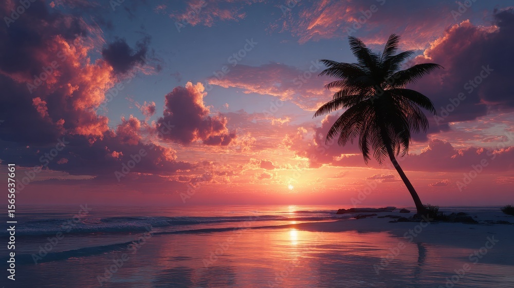 Obraz premium Silhouette of a palm tree against a dramatic sunset over a tropical beach - AI Generated