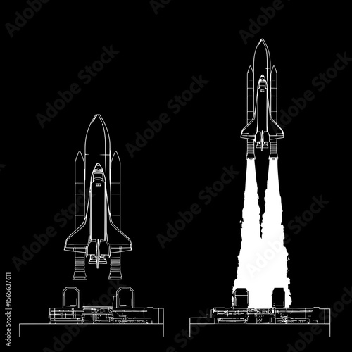 Space Shuttle Launch – Black and White Rocket Illustration
