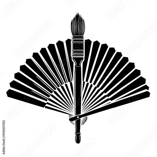 Japanese Folding Fan – Classic Black and White Oriental Illustration
