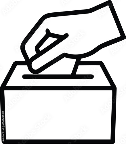 Hand placing vote in ballot box line icon, democratic process