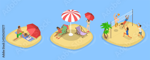 3D Isometric Flat Vector Illustration of Beach Fun, Summer Leasure Time
